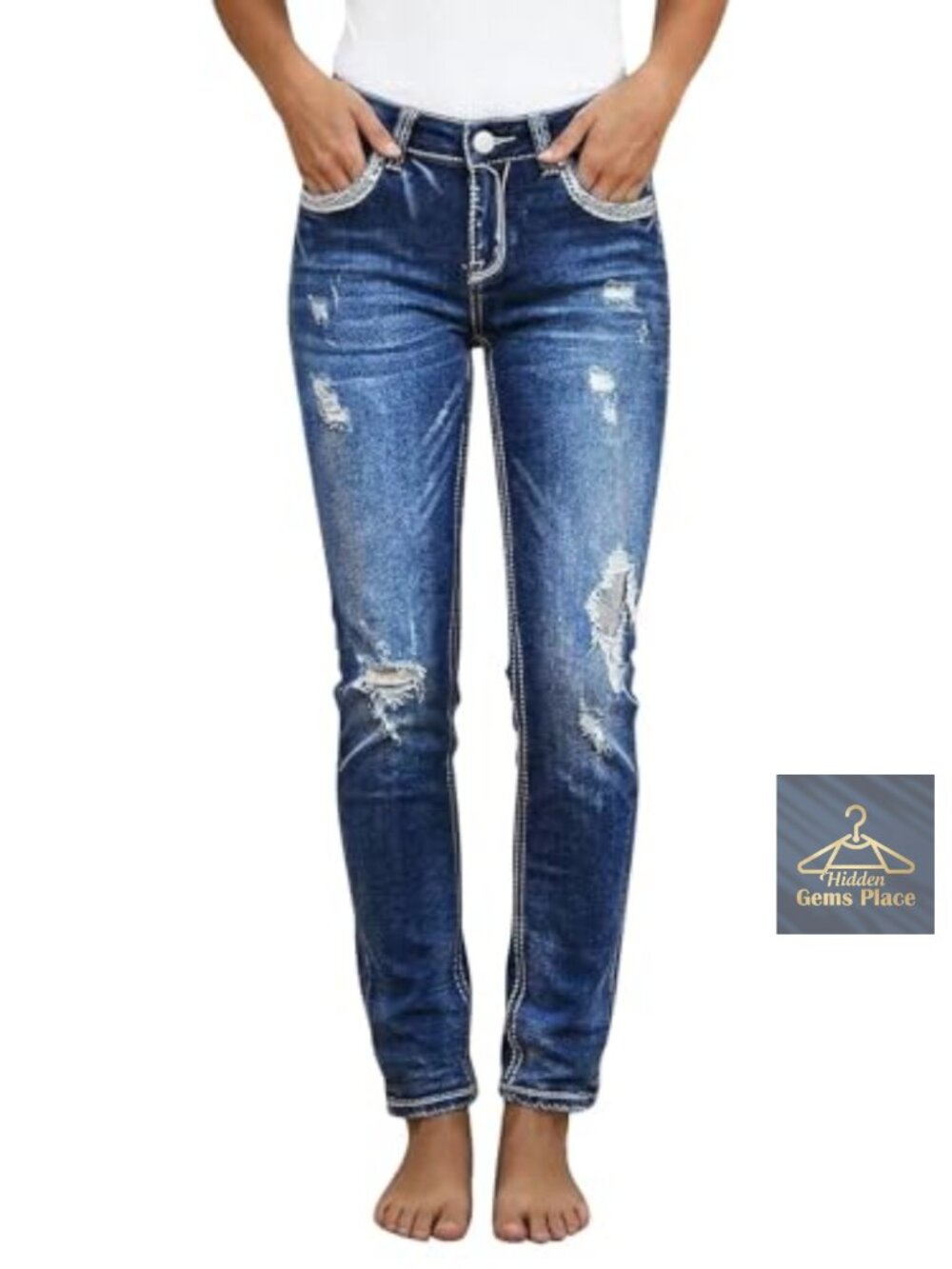 Mid Rise Ripped Curvy Skinny Jeans Stretch Denim